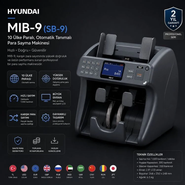 Hyundai MIB-9 (SB-9) 10 Ülke Paralı, Otomatik Tanımalı Para Sayma Makinesi